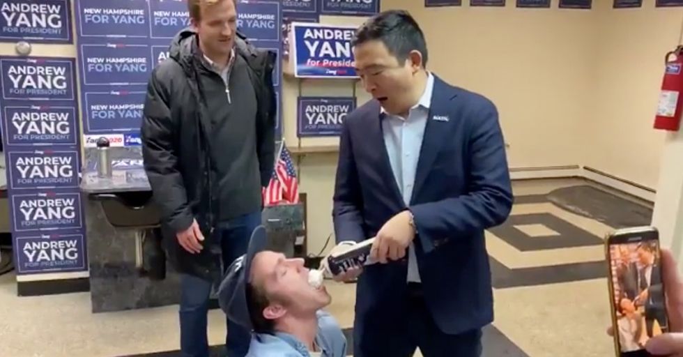 Yang Supporters Get On Their Knees as Yang Fills Their Mouths with Whipped Cream