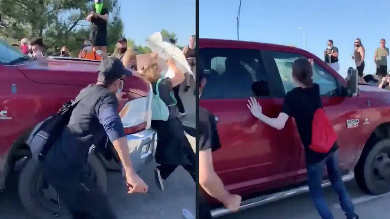 Protesters Block, Attack Truck and Horse Trailer, Driver Runs Them Over