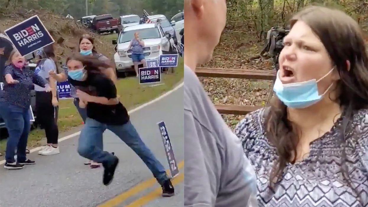 Biden Supporter Charges at Trump Supporter, Needs His Unhinged Mom to Save Him