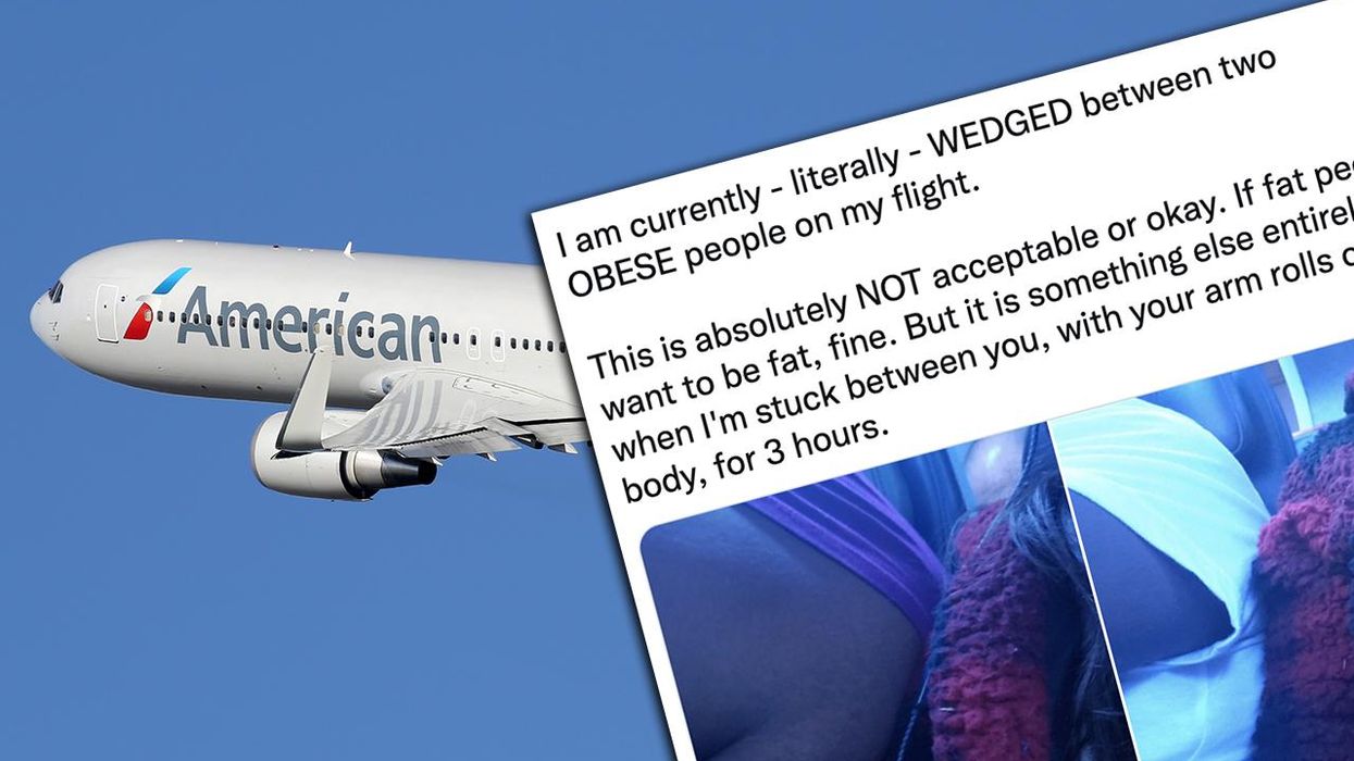 Poor woman gets wedged between two fat people on a plane and the airline shames HER for it