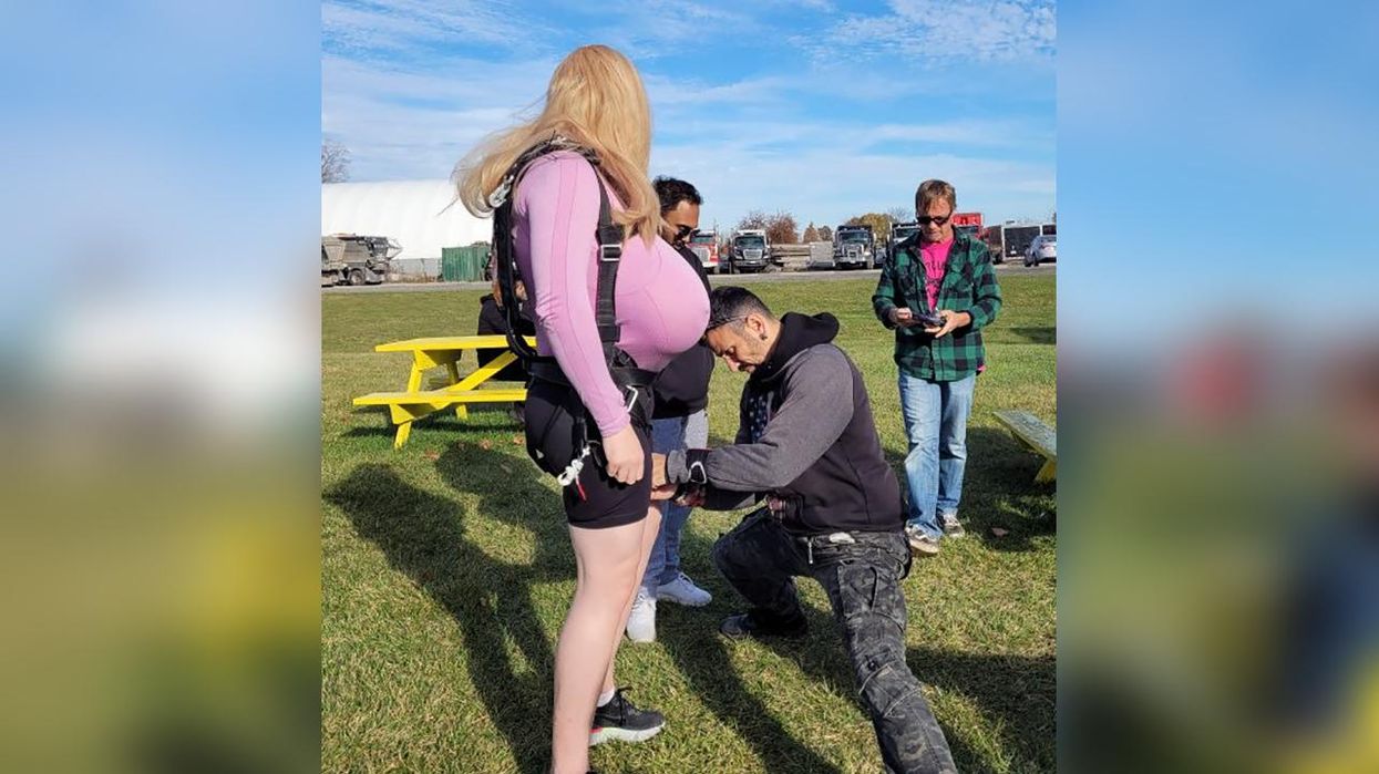 Our favorite beautiful and brave 'chesty' shop teacher goes skydiving, but not all of 'her' makes it