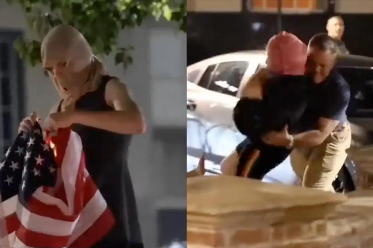 Hero spots masked leftists burning an American flag, takes action as they all cry for someone to call the cops