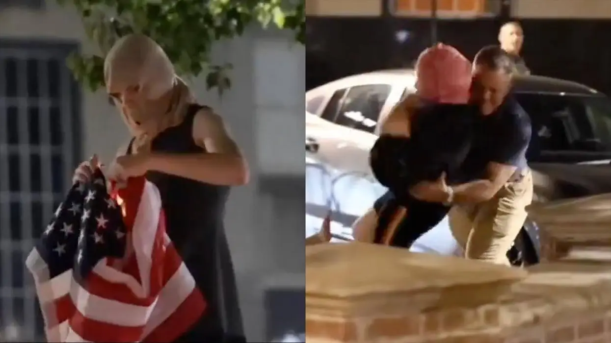 Hero spots masked leftists burning an American flag, takes action as they all cry for someone to call the cops