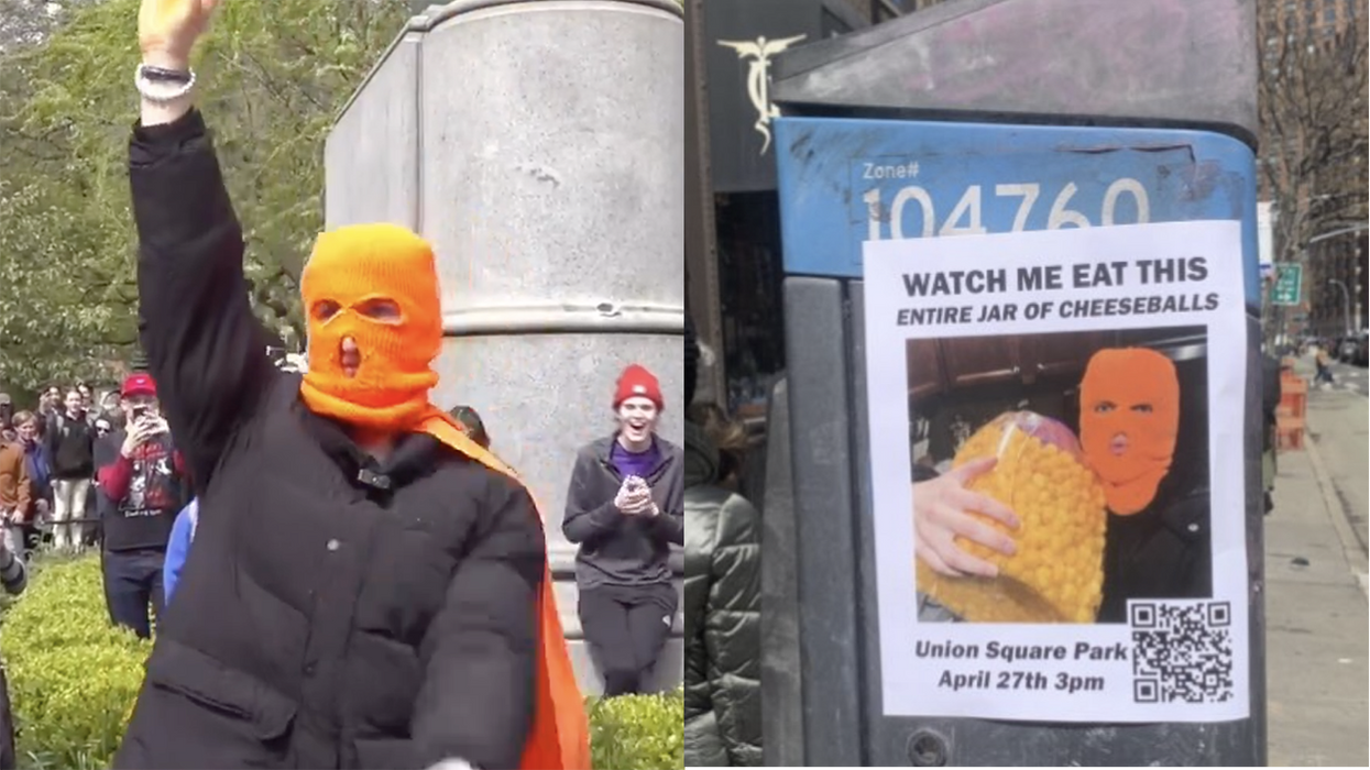 Watch: Masked man unites America eating an entire jar of cheeseballs in front of hundreds of adoring fans