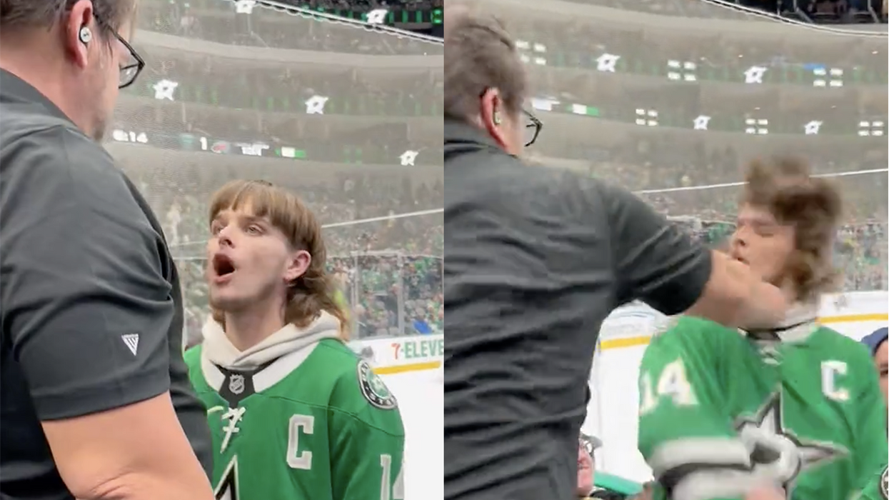 Watch: Guy with a sweet mullet gets DROPPED using a slur against the wrong hockey fan, and then it gets embarrassing