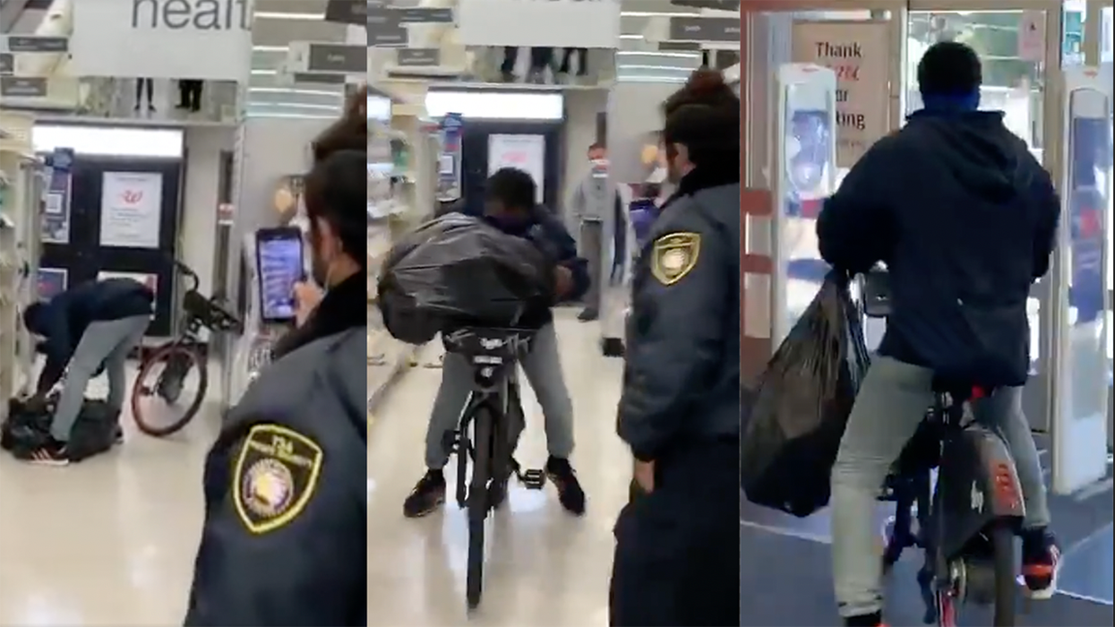 VIDEO: Thief Loads Up Trash Bag of Stolen Goods and Rides Bike Out of Store While Security Does Nothing