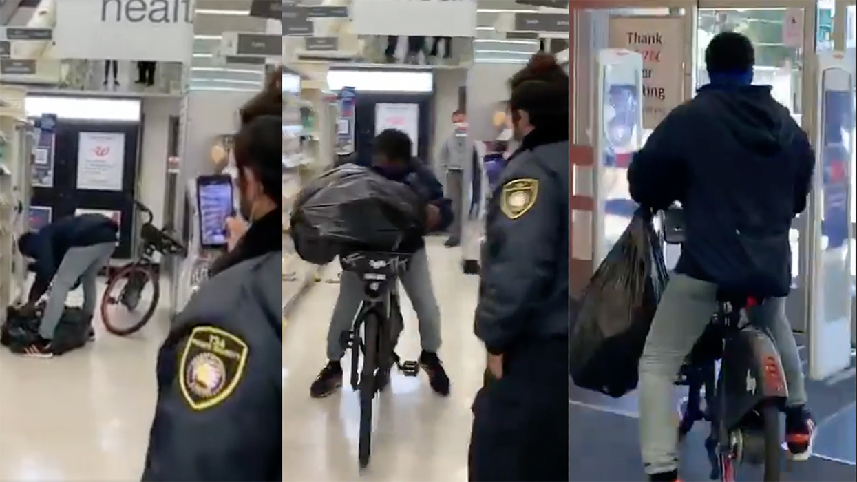 Watch: Thief loads up bag full of stolen goods, rides his bike out of the store while security stands there doing nothing