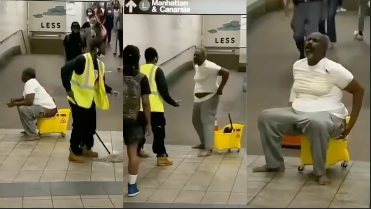 Watch: Homeless man drops deuce in subway mop bucket and refuses to stop (because NYC has a brand)