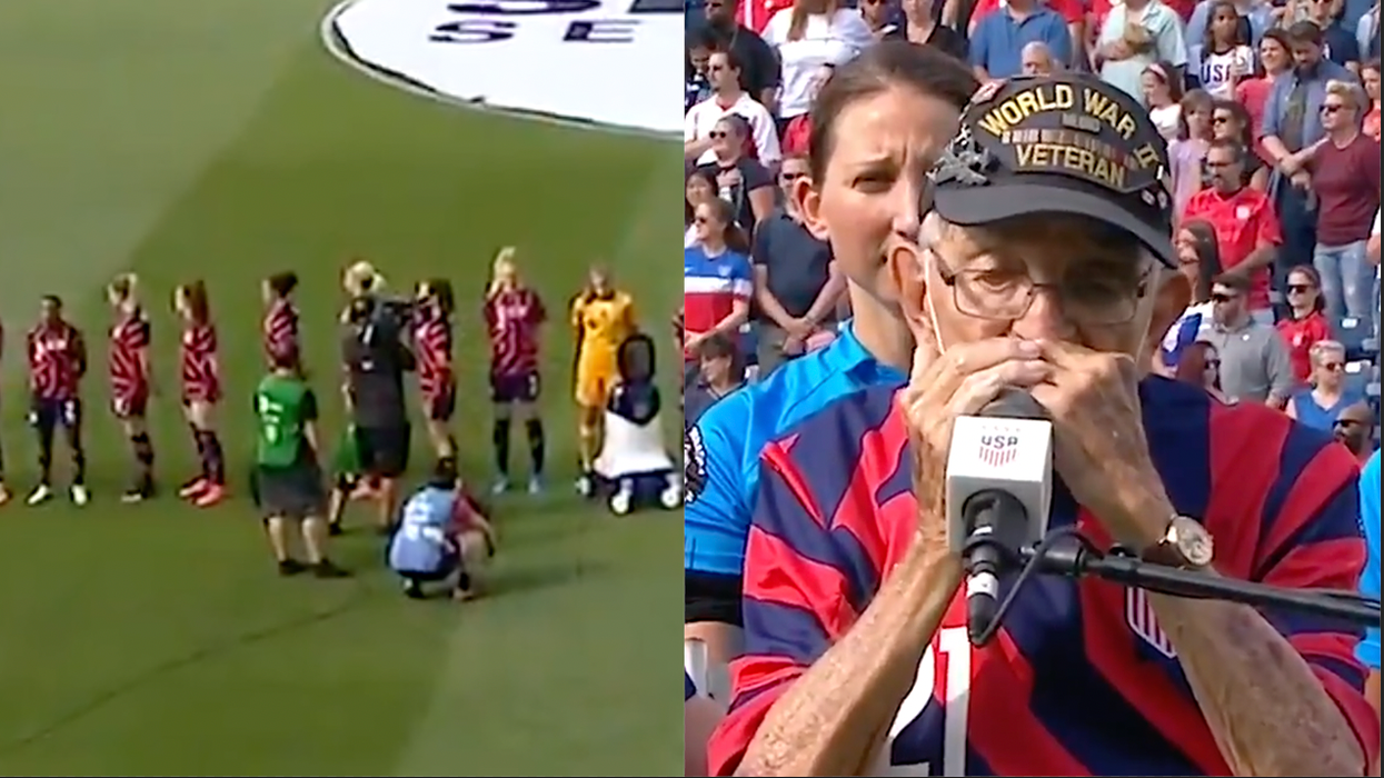 US Women's Soccer Team Antics Disrespect 98-Year-Old WWII Veteran Performing National Anthem ... or Did They?