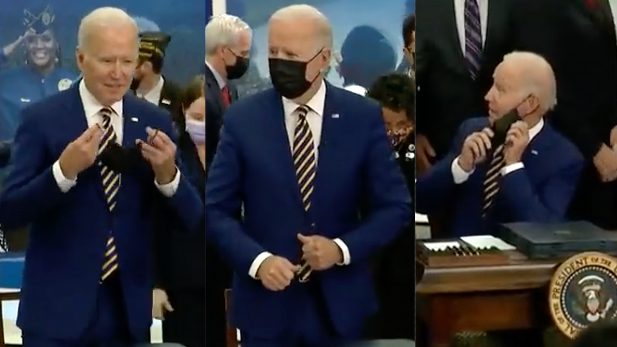 Confused Joe Biden, Who Demands You Mask Up Indoors, Can't Figure Out When to Wear His Over and Over Again