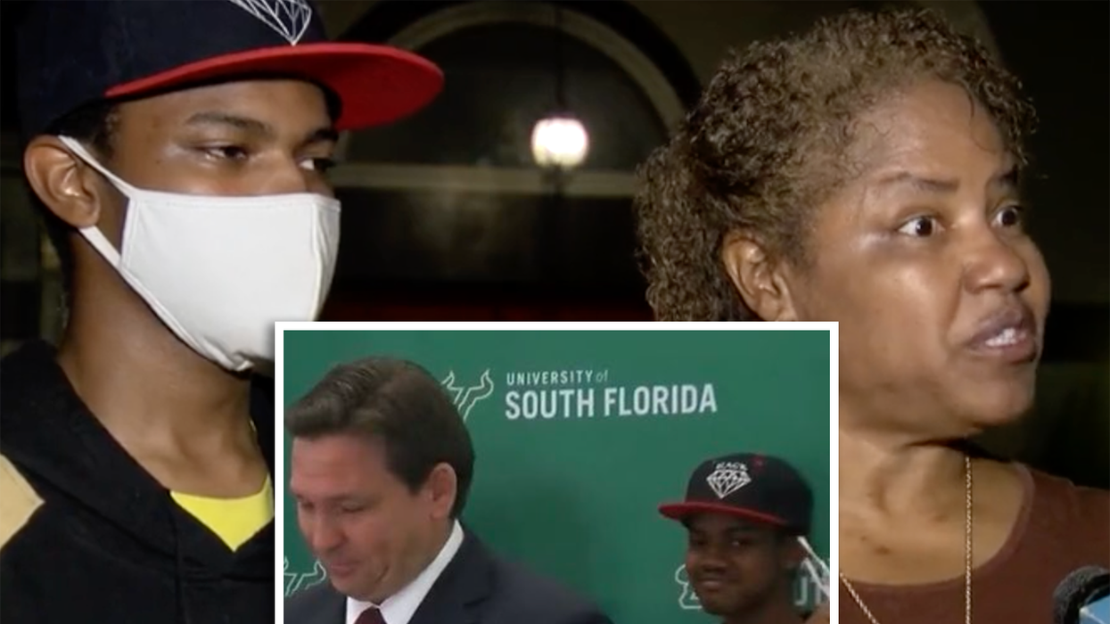 Maskless Mother Outraged Ron DeSantis Told Son to Take Off Mask, Misses Irony of Outrage While Maskless