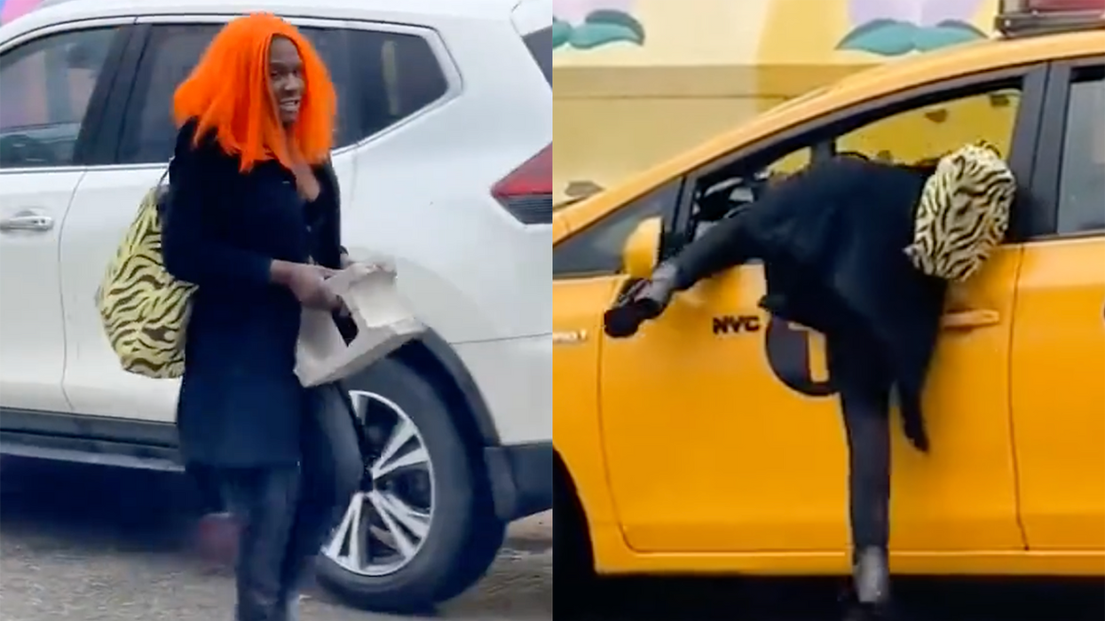 Lady With Bright Orange Wig Strolls Down Street With Concrete Block, Puts It Through Window, and Robs Taxi