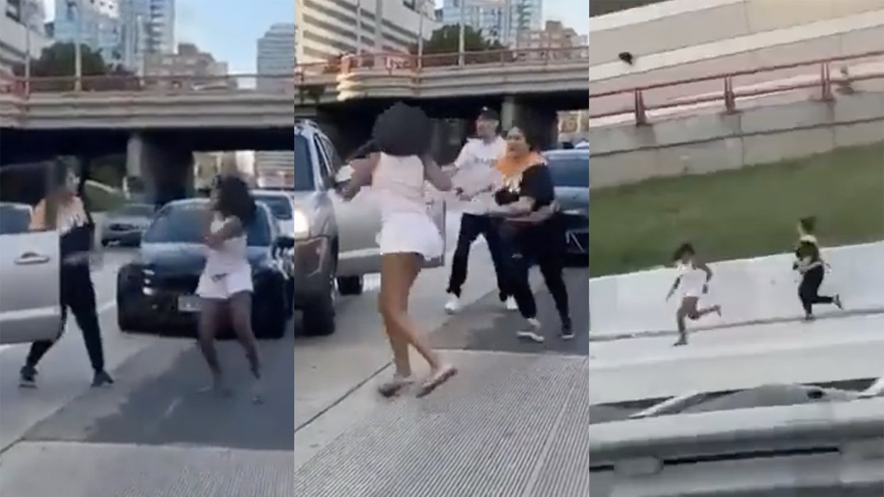 'Get her!': Woman brings traffic to a halt starting a fight, then tries running away before eating pavement