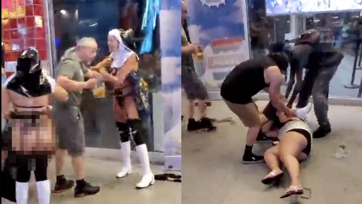 Naughty nuns wildin' out on the Vegas strip as clothing articles fly in knock-down-drag-out