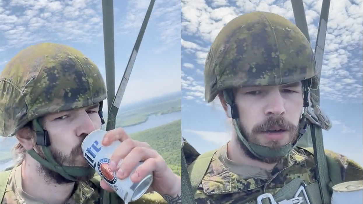 Paratrooper chugs beer as he plummets to Earth, only needs two words to describe what drives him to drink