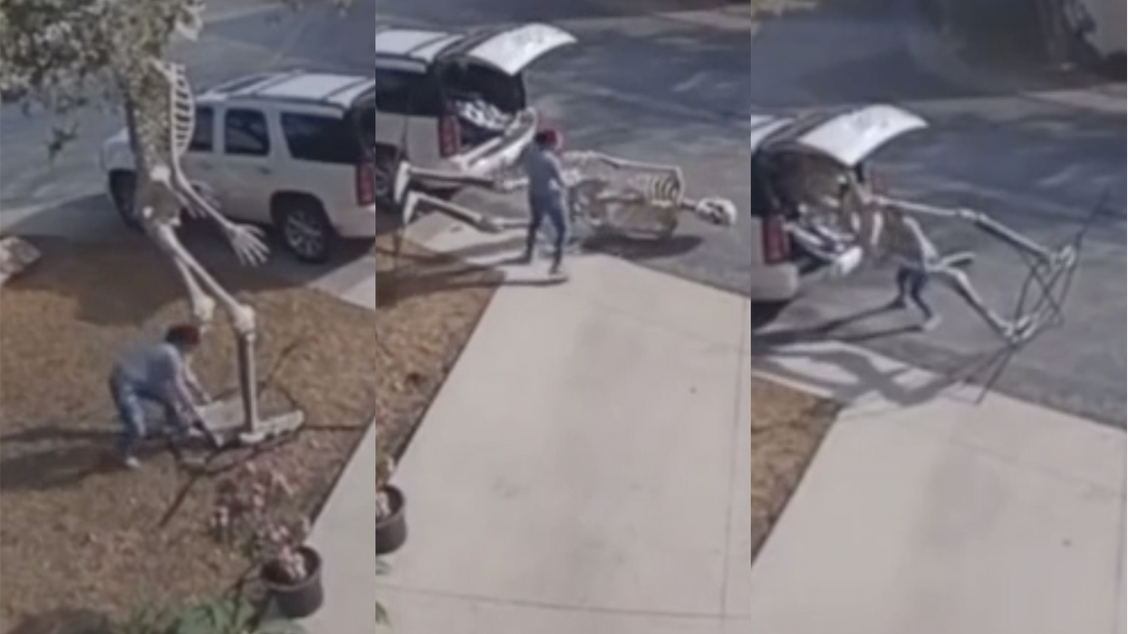 Watch: Dude steals 14-foot-tall skeleton from sick mother's house and no one seems to notice