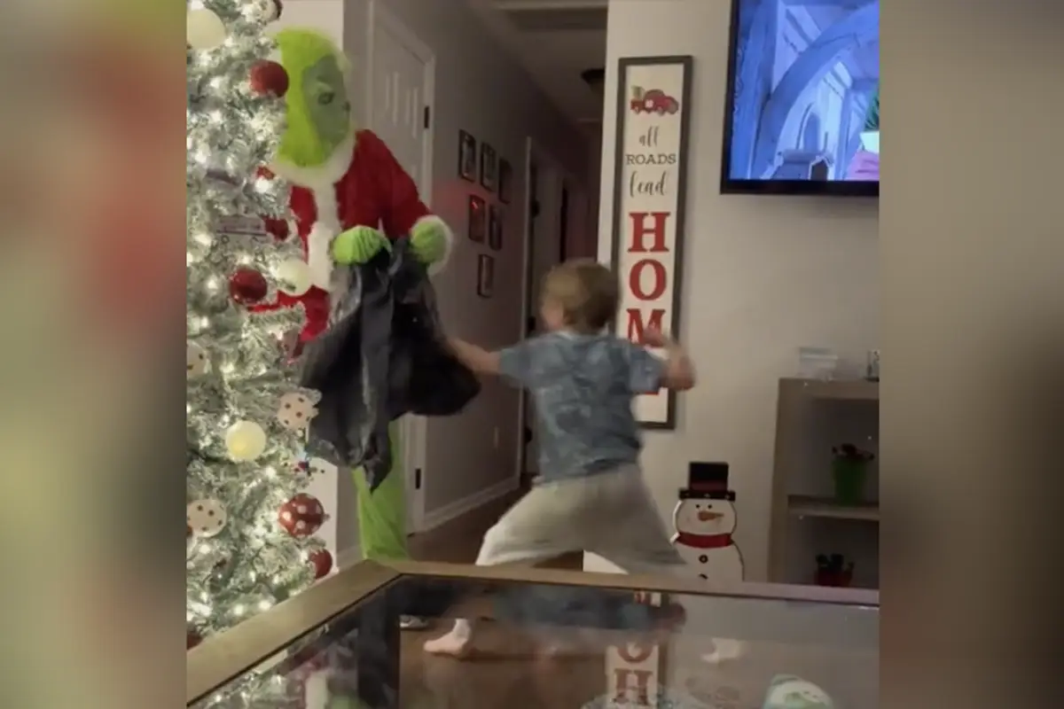 Grinch 'prank' goes horribly wrong when lil' man starts throwing hands to save his presents