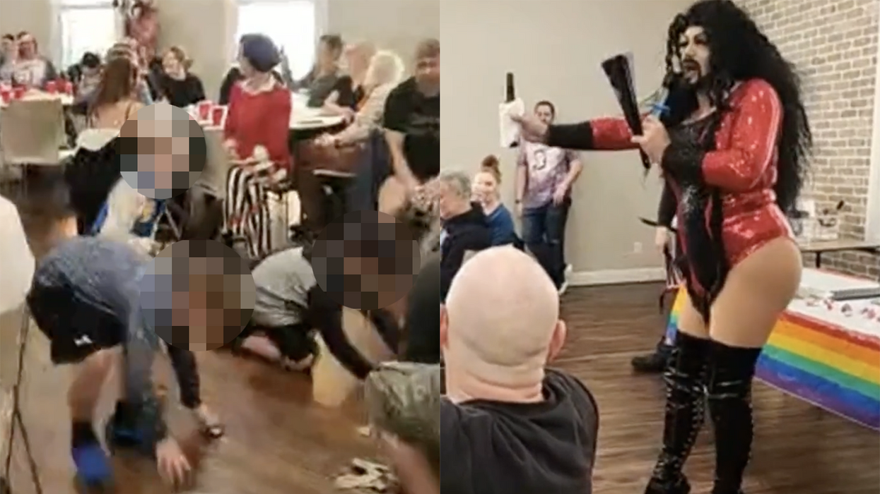Watch: Man dresses like woman, toasts 'those who lick us where we pee' as little kids pick money up off the floor