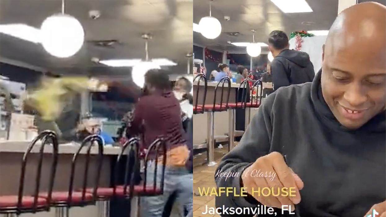 Watch: As Waffle House chaos erupts behind him, dude is too busy enjoying his grits to be bothered