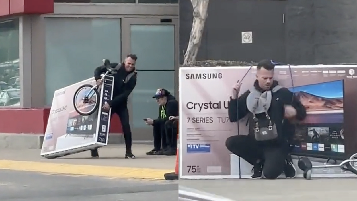 "Dude, that's epic!": Man manages to take home a 75-inch flatscreen with nothing but string and his unicycle