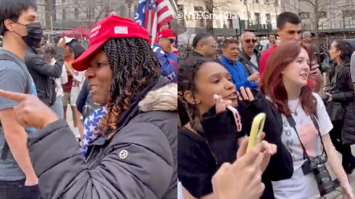 Watch: Black Trump supporter schools mindless Anti-Trump girls outside Trump's arraignment