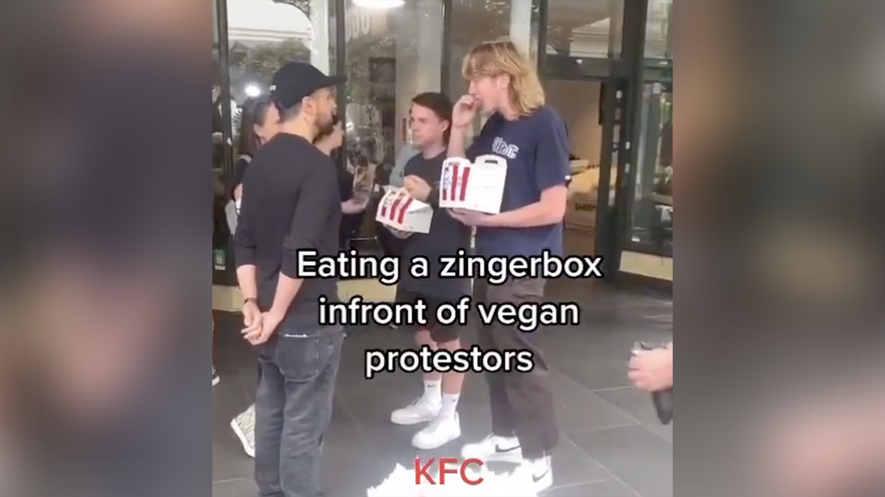 Watch: Two bros with wicked mullets troll vegan protestors by munching KFC in front of them
