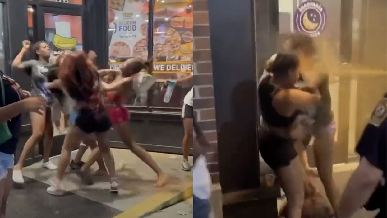 Watch: All-girl street fight comes to an abrupt end when security guard with zero patience lets the pepper spray fly