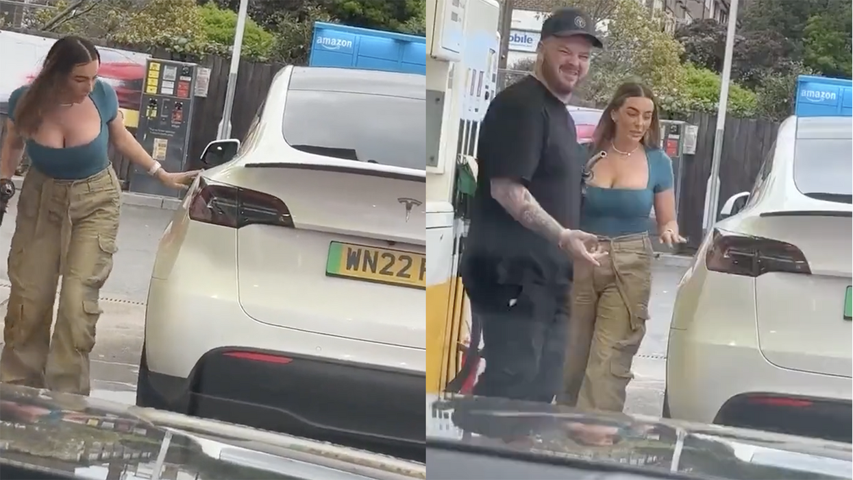 Watch: Woman tries fueling her Tesla at a GAS station to the amusement of two dudes laughing their butts off
