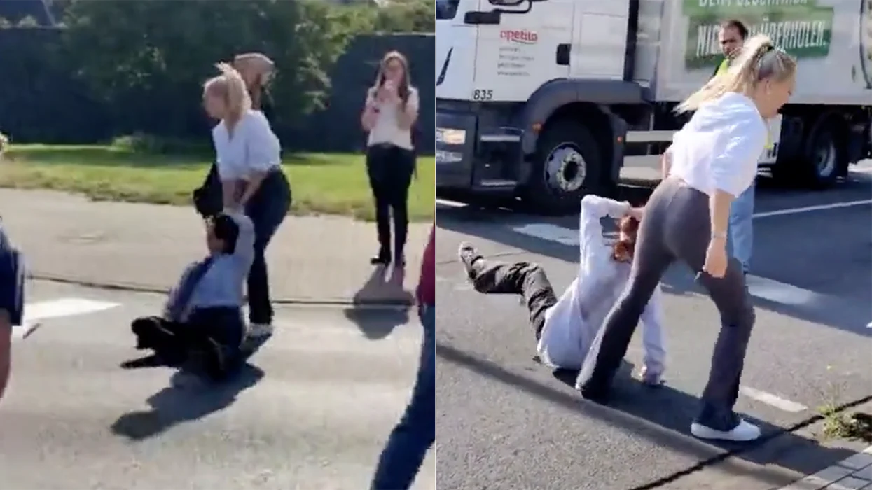 Watch: Leggy blonde emerges to save the day, drags eco-lunatics by the hair to stop them blocking traffic