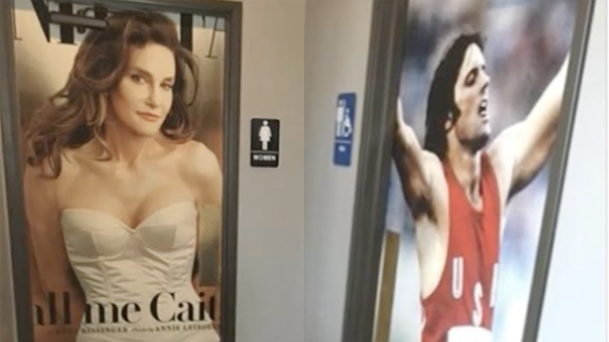 Caitlyn Jenner laughs at restaurant's "before and after" pictures on bathroom doors, but there's something missing