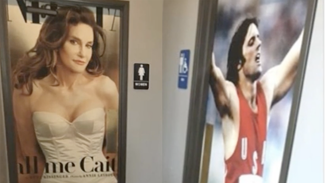 Caitlyn Jenner laughs at restaurant's "before and after" pictures on bathroom doors, but there's something missing