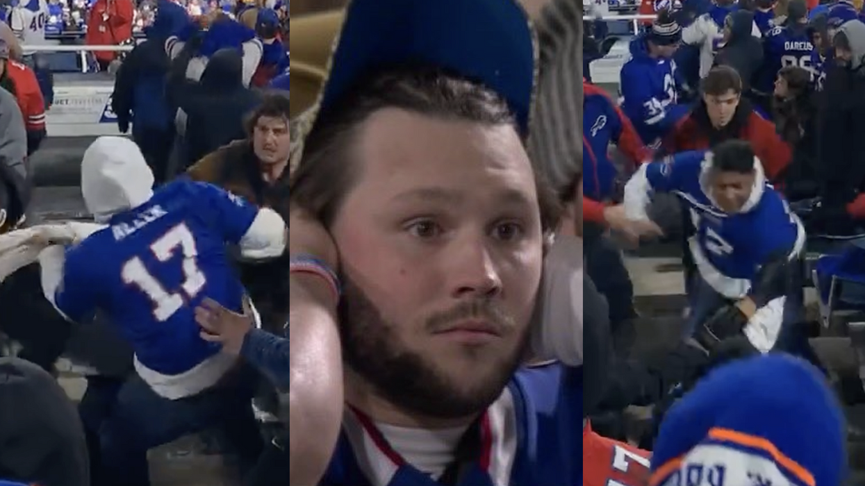 Watch: Guy in Josh Allen jersey has more fight in him than the QB, drops violent BOMBS on another fan as the crowd sings along