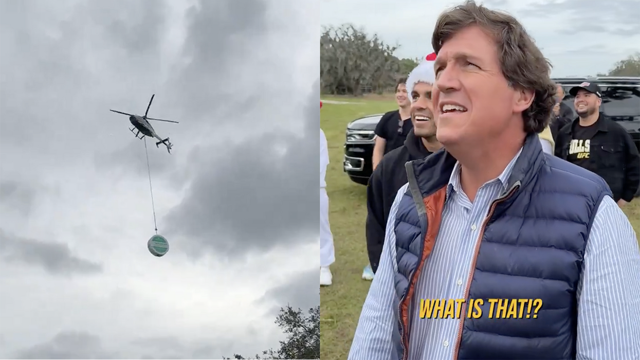 Watch: Tucker Carlson gets surprised with such a ginormous Zyn tin for Christmas, it has to be flown in by helicopter