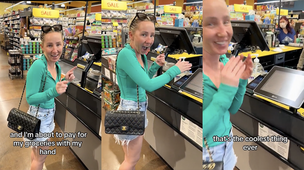 Watch: Woman gets WAY too excited sharing a dystopian nightmare as she buys groceries just by scanning her hand