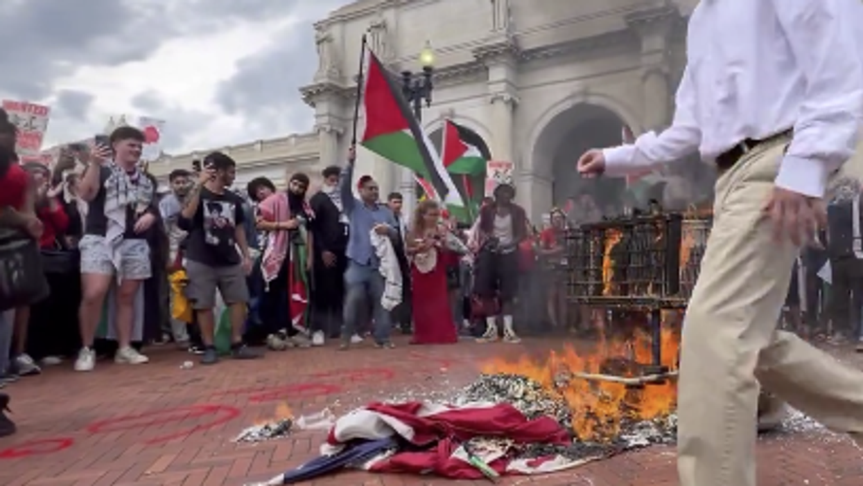 Watch: Amidst the pro-Hamas progressives, a hero tries to save a burning American Flag