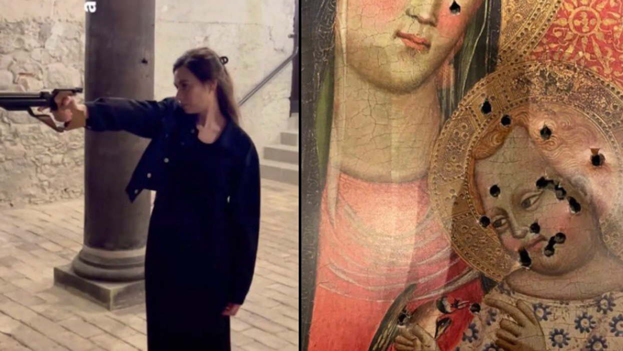 Politician uses painting of Mary and Jesus as target practice, but she's super sorry about it
