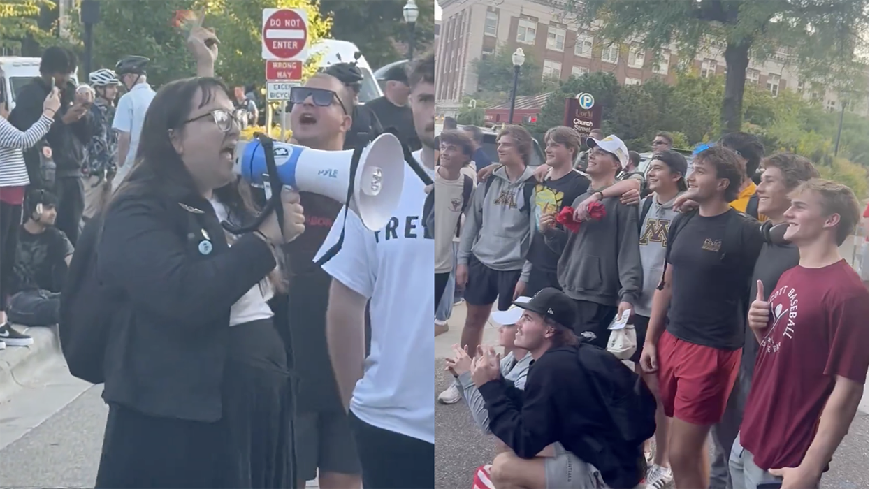 Trans activists attempt to disrupt Turning Point's return campus event, but frat bros are there to save the day