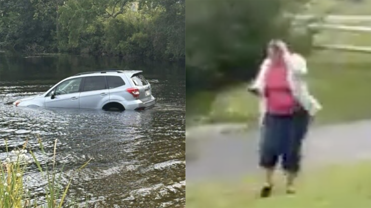 Woman rushes to yell at ICE agents, but forgets to put her car in park...by a lake