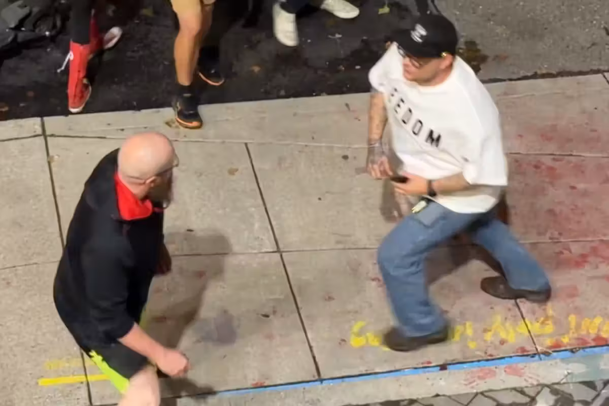 Antifa stooge attempts to confront someone in a Charlie Kirk shirt, learns the hard way about f***ing around