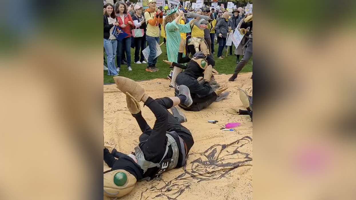 Democrats dress up as "LICE" agents and roll around on the Constitution, because "no kings" or something