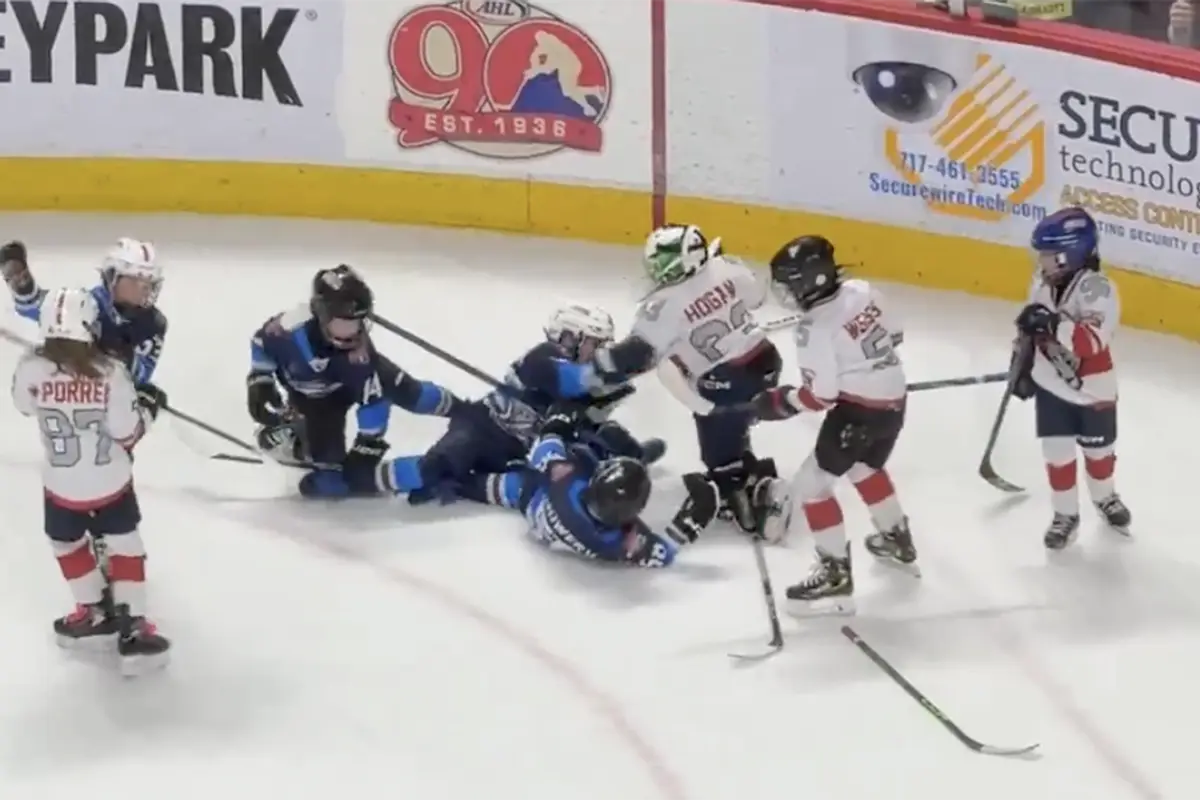 8-year-old hockey game turns into awesome WWE-style brawl when the kids drop the gloves and start throwing hands