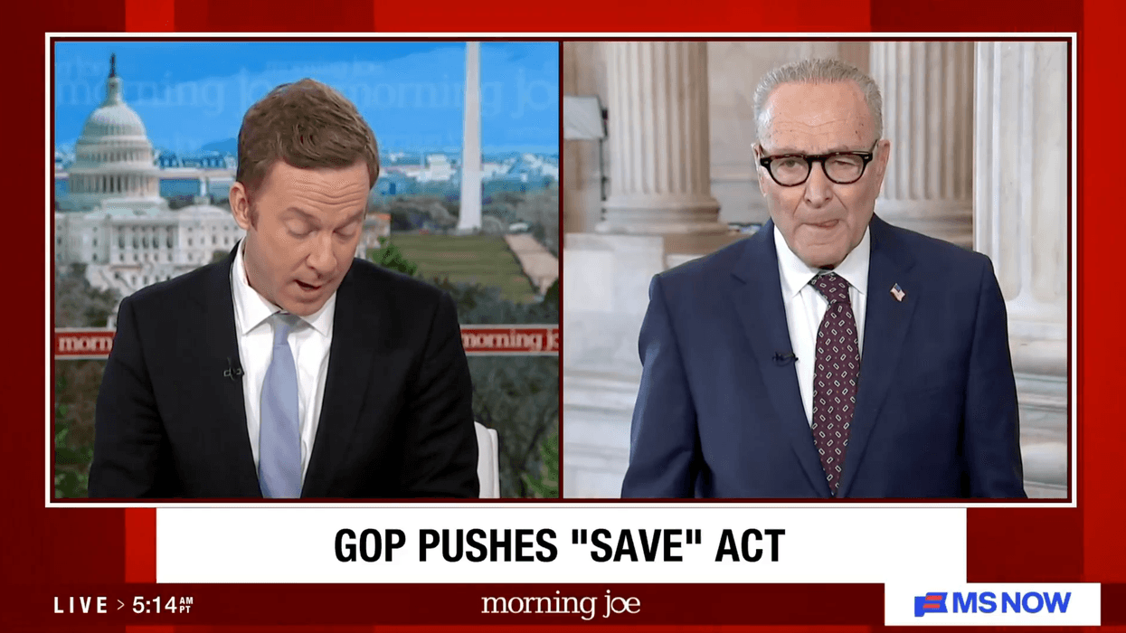 Even MS NOW is hitting Chuck Schumer with facts about Voter ID laws, causing him to short-circuit with talking points