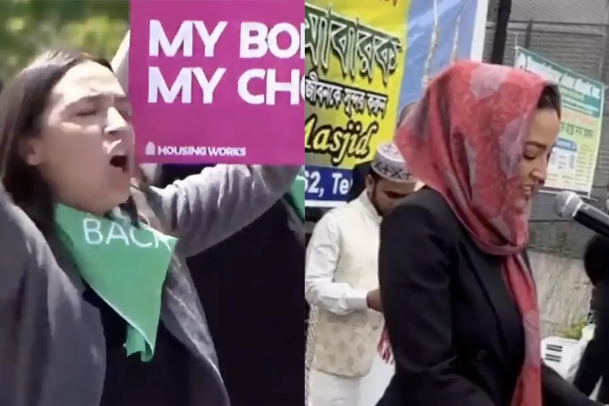 AOC panders in hijab to celebrate Muslim holiday, but the men-only crowd ignores her