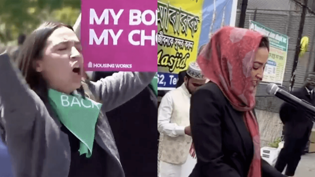 AOC panders in hijab to celebrate Muslim holiday, but the men-only crowd ignores her