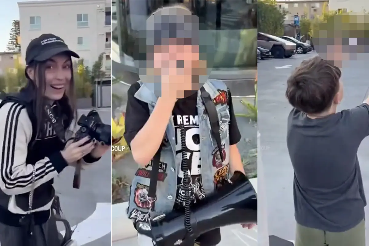 Democrat activists dress kids up as 80s metal heads to curse in front of a Tesla Diner for...we guess reasons?