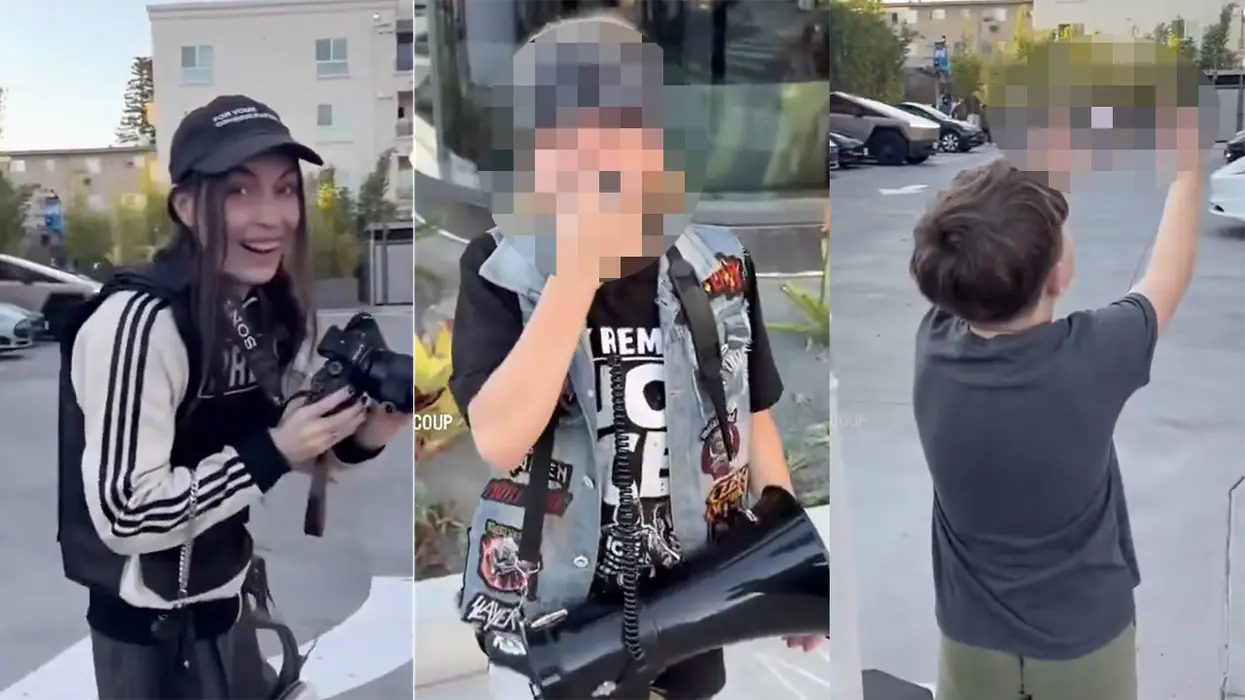Democrat activists dress kids up as 80s metal heads to curse in front of a Tesla Diner for...we guess reasons?