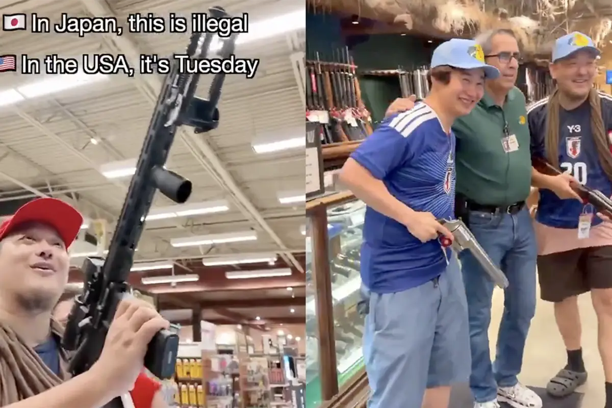 Japanese World Cup tourists discover the gun isle at Bass Pro, and their smiles say everything