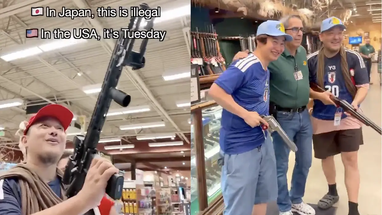 Japanese World Cup tourists discover the gun isle at Bass Pro, and their smiles say everything