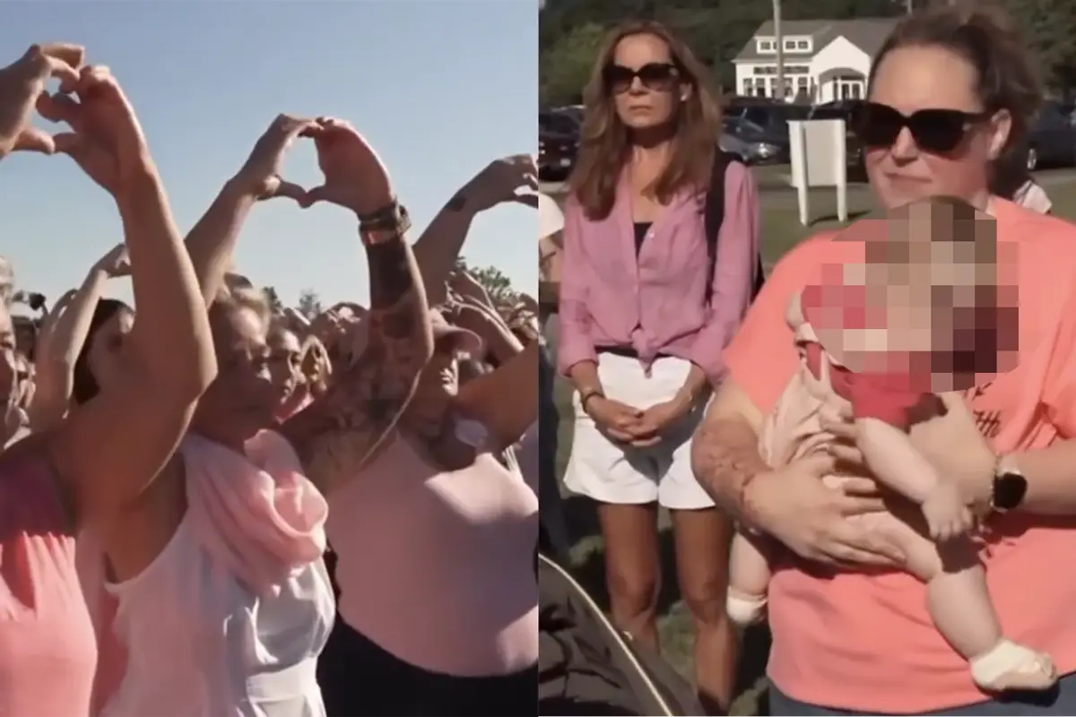 Women wear pink, throw up hand signs, and hold babies in support of Lindsay Clancy...who murdered her three children