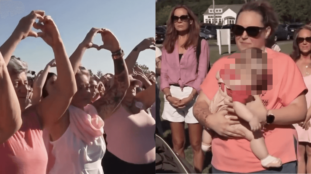 Women wear pink, throw up hand signs, and hold babies in support of Lindsay Clancy...who murdered her three children